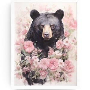 Watercolor Floral Black Bear Portrait Wall Art Illustration Print Unframed